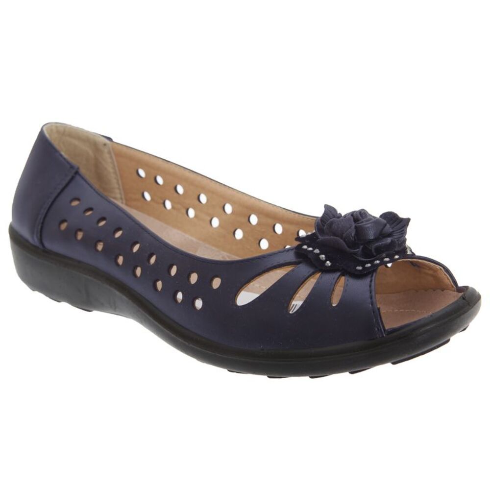 Boulevard Womens/Ladies Punched Open Toe Flower Casual Shoes / Navy Blue
